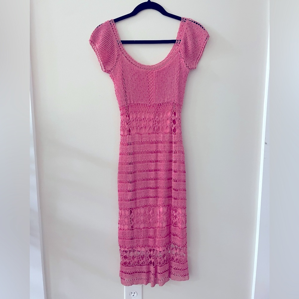 Crochet Bubblegum Pink Knit Midi Dress Size XS basix ii